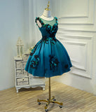 Lace Appliques Flowers Green Satin Ball Gown Homecoming Dresses Short Prom Dress