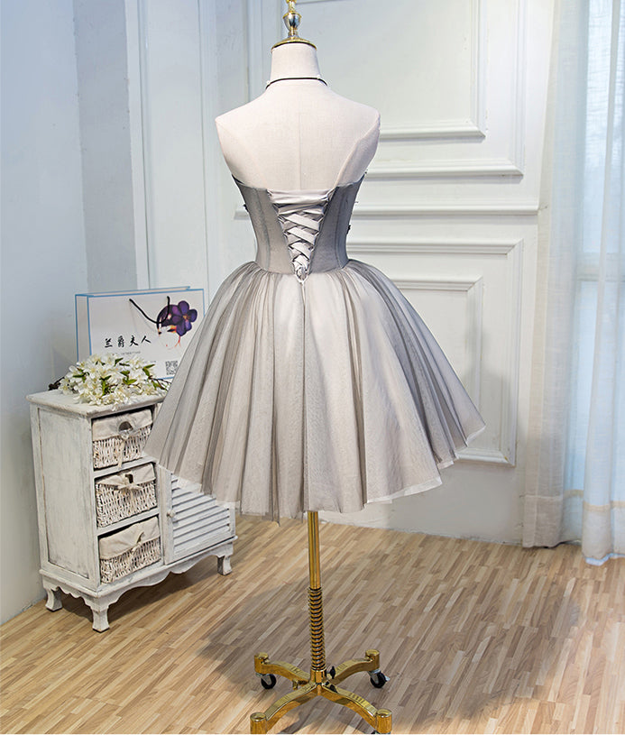 Strapless Grey Ivory Tulle Ball Gown Homecoming Dresses Appliques Short Prom Dress Party