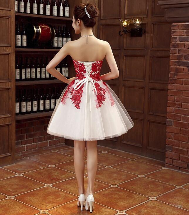 Fashion Strapless Red Lace Appliques Ivory Cheap Homecoming Dresses Short Graduation Dress