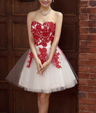Fashion Strapless Red Lace Appliques Ivory Cheap Homecoming Dresses Short Graduation Dress