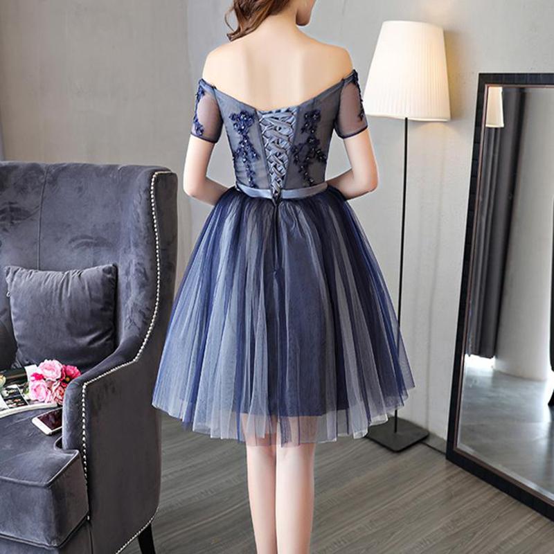 Charming Short Sleeves Navy Blue Appliques Beaded Homecoming Dresses Short Graduation Dress