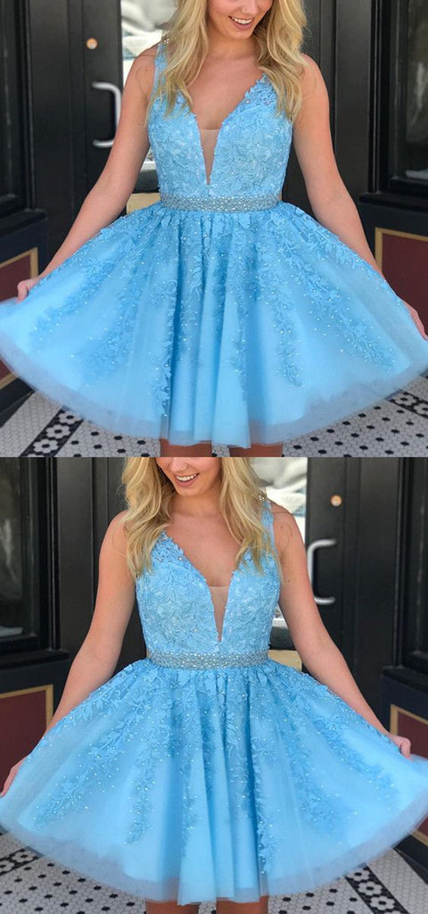 Charming Blue Lace Appliques V Neck Pearl Short  Homecoming Dress Prom Graduation Dresses