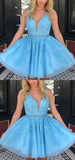 Charming Blue Lace Appliques V Neck Pearl Short  Homecoming Dress Prom Graduation Dresses