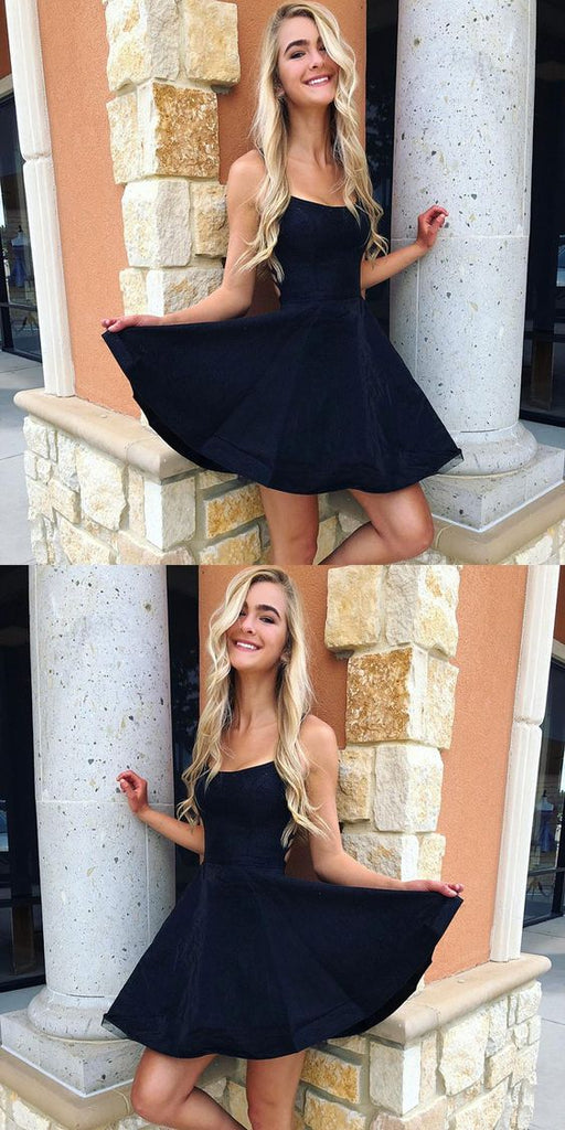 Elegant Open Back Black Spaghetti Straps Short Homecoming Dress Prom Graduation Dresses
