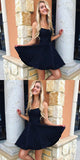 Elegant Open Back Black Spaghetti Straps Short Homecoming Dress Prom Graduation Dresses