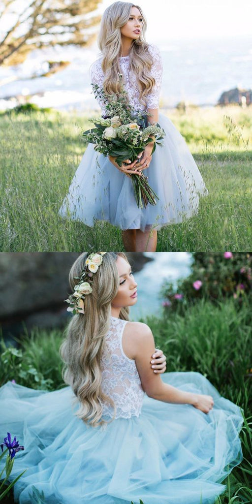 Chic Half Sleeves White Lace 2 Pieces Short Homecoming Dress Prom Graduation Dresses
