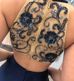 Fashion Open Back Navy Blue Beaded Short Homecoming Dresses Hoco Dress With Pocket
