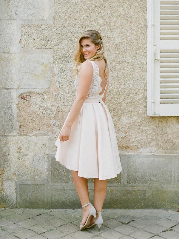 Front Short Long Back V Neck Ivory Lace Homecoming Dresses Wedding Prom Dress