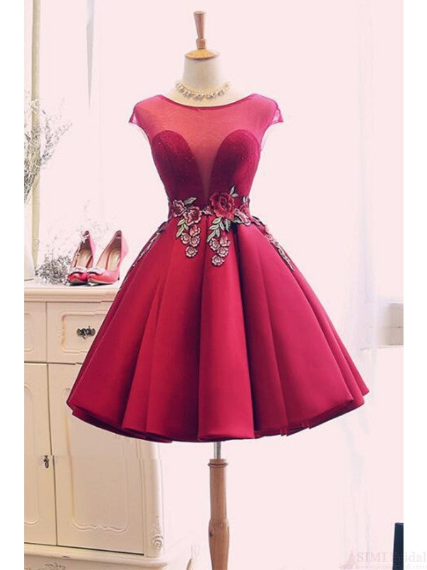 Cap Sleeves Open Back Burgundy Appliques Homecoming Dresses Short Prom Dress