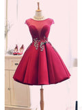 Cap Sleeves Open Back Burgundy Appliques Homecoming Dresses Short Prom Dress