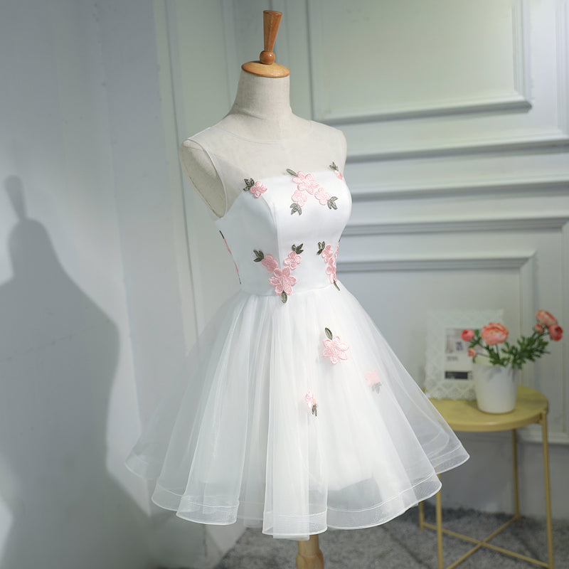 New Arrival White Tulle Pink Flowers Princess Homecoming Dresses Graduation Prom Dress