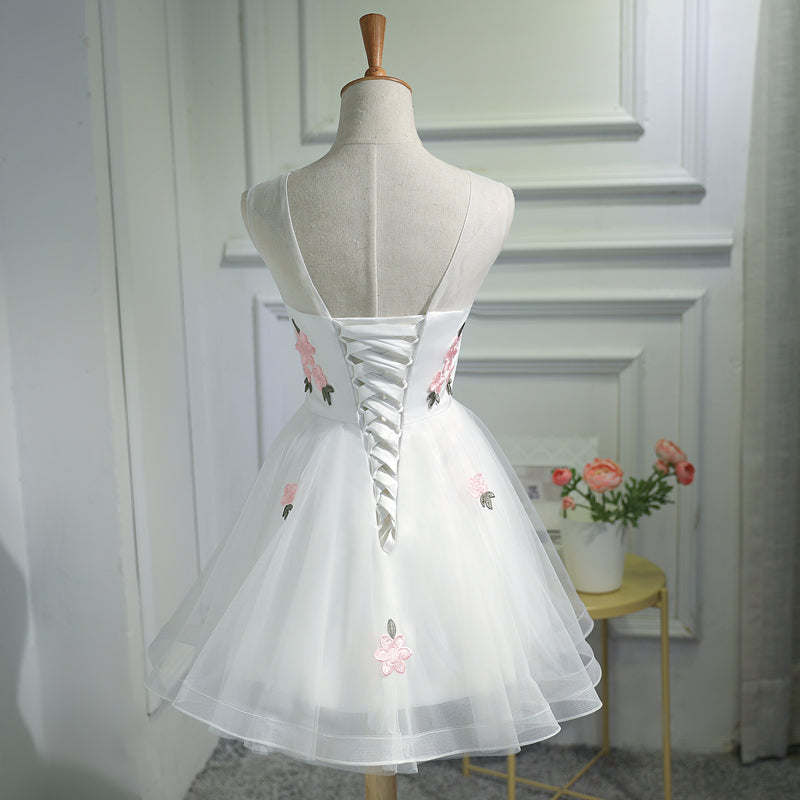 New Arrival White Tulle Pink Flowers Princess Homecoming Dresses Graduation Prom Dress