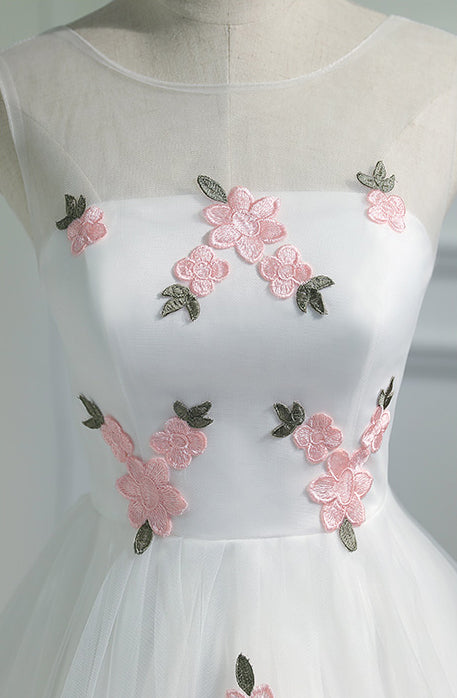 New Arrival White Tulle Pink Flowers Princess Homecoming Dresses Graduation Prom Dress