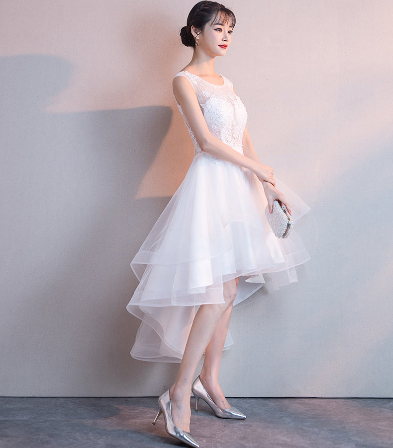 Front Short Long Back See Through White Lace Prom Dresses Graduation Homecoming Dress