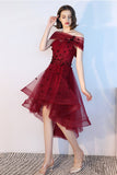 New Arrival Front Short Long Back Burgundy Hand Flowers Homecoming Dresses,Short Prom Dress