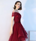 New Arrival Front Short Long Back Burgundy Hand Flowers Homecoming Dresses,Short Prom Dress
