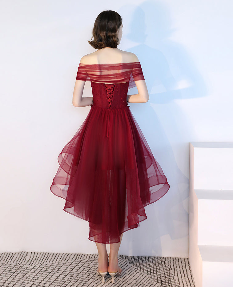New Arrival Front Short Long Back Burgundy Hand Flowers Homecoming Dresses,Short Prom Dress