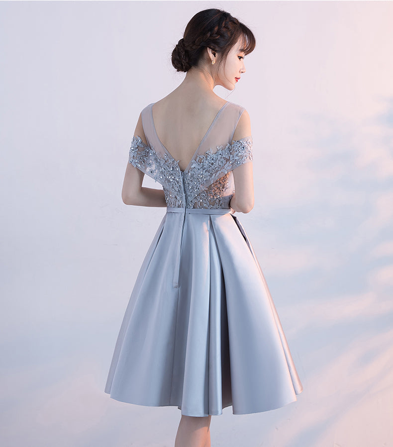 New Arrival A Line Open Back Lace Beaded Homecoming Dresses, Short Graduation Prom Dress