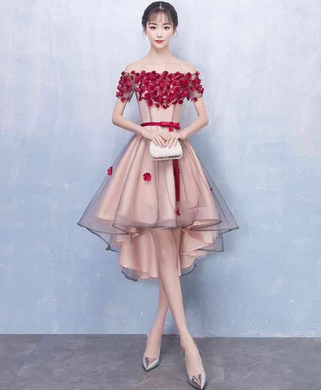 Burgundy Flowers Off the Shoulder Front Short Long Back Homecoming Dresses,Prom Hoco Dress