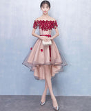 Burgundy Flowers Off the Shoulder Front Short Long Back Homecoming Dresses,Prom Hoco Dress