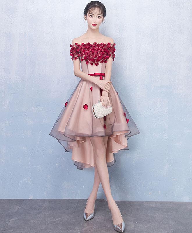 Burgundy Flowers Off the Shoulder Front Short Long Back Homecoming Dresses,Prom Hoco Dress