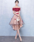 Burgundy Flowers Off the Shoulder Front Short Long Back Homecoming Dresses,Prom Hoco Dress