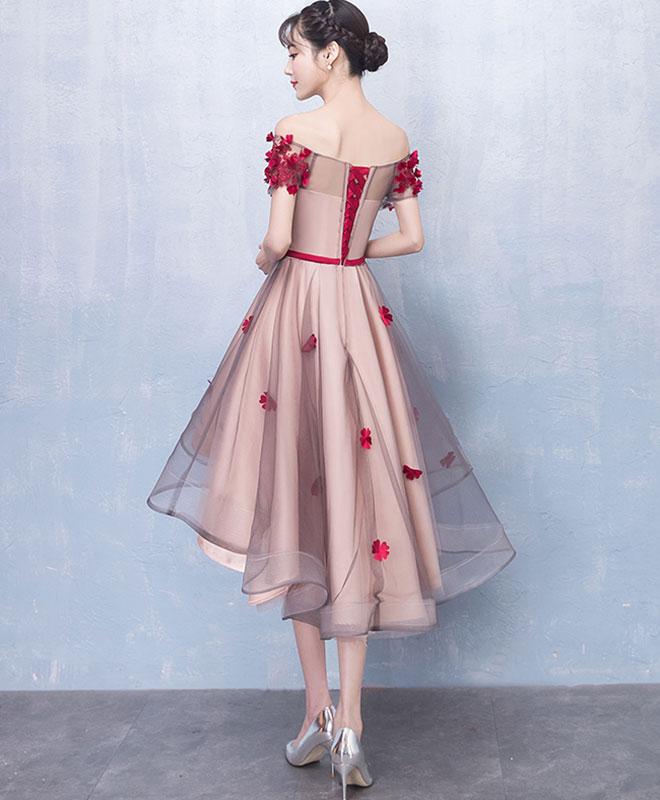 Burgundy Flowers Off the Shoulder Front Short Long Back Homecoming Dresses,Prom Hoco Dress