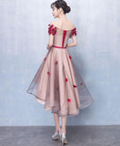 Burgundy Flowers Off the Shoulder Front Short Long Back Homecoming Dresses,Prom Hoco Dress