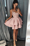 Fashion Spaghetti Straps Blush Pink Appliques Homecoming Dresses,Short Prom Graduation Dress