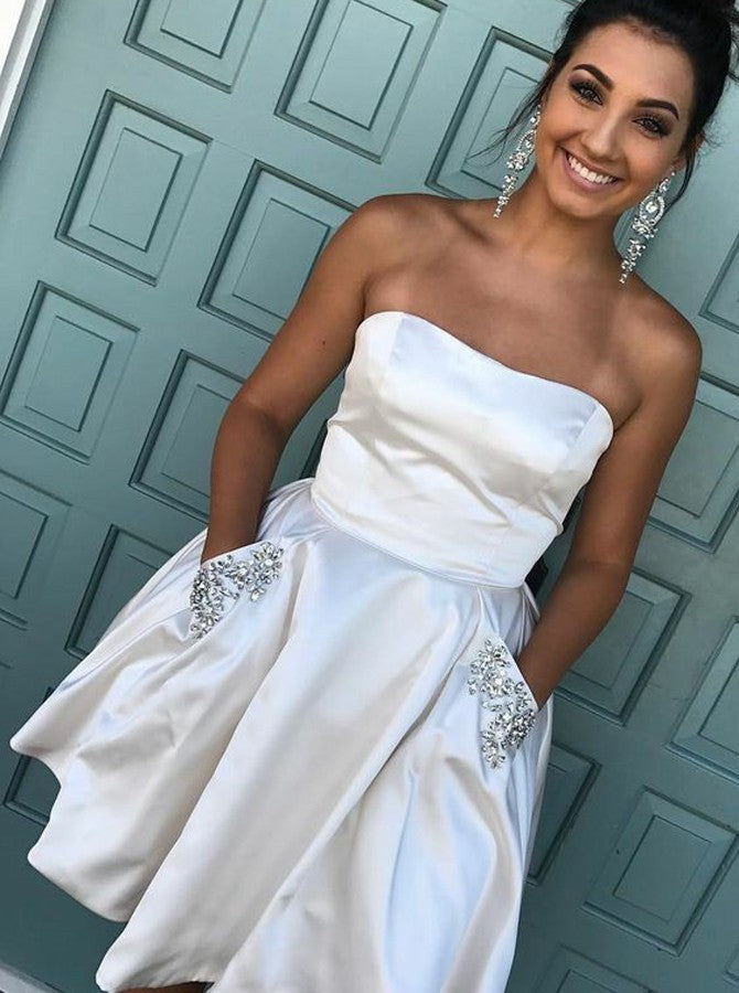 Ivory Satin Homecoming Dresses,Strapless Short Homecoming Dresses With Pocket Prom Dress
