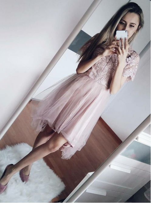 Fashion Short Sleeves Lace Tulle A Line Short Homecoming Dresses Prom Hoco Dress