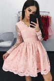 Charming A Line Long Sleeves Pink Lace Homecoming Dress V Neck Mini Prom Hoco Dresses