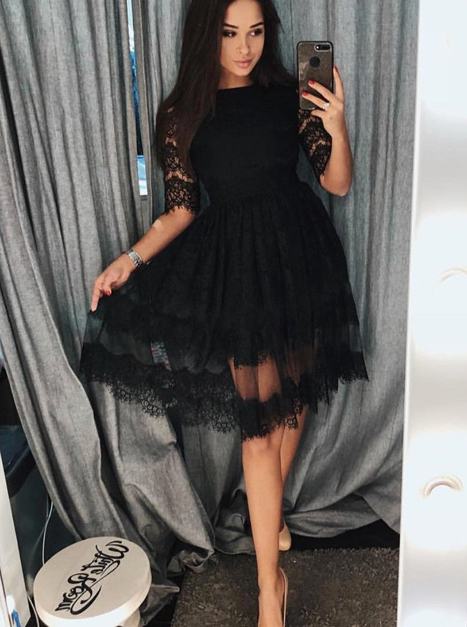 A Line Half Sleeves Black Lace Short Homecoming Dresses