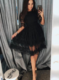 A Line Half Sleeves Black Lace Short Homecoming Dresses