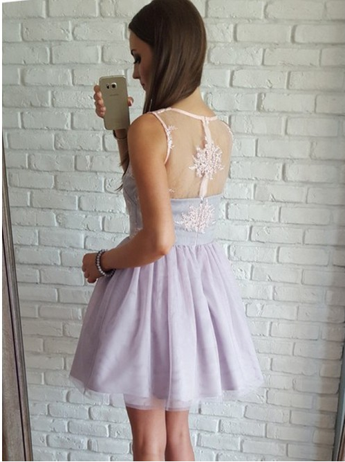 Fashion V Neck Sleeveless Lace Light Lavender Short Homecoming Dresses Prom Graduation Dress