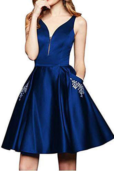 Fashion Deep V Neck Royal Blue Beaded Short Homecoming Dresses Prom Hoco Dress With Pocket