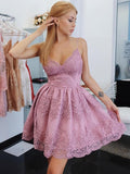 Spaghetti Straps Blush Pink Lace Short Homecoming Dresses Backless Prom Graduation Dress