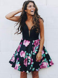Fashion Deep V Neck Black Printed Beaded Homecoming Dresses Mini Length Prom Hoco Dress