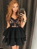 A Line Spaghetti Straps Lace Black Beaded Short Homecoming Dresses Prom Hoco Dress For Party