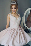 A Line V Neck Sleeveless Light Pink Appliques Short Homecoming Dresses Prom Hoco Dress