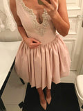 A Line V Neck Sleeveless Light Pink Appliques Short Homecoming Dresses Prom Hoco Dress