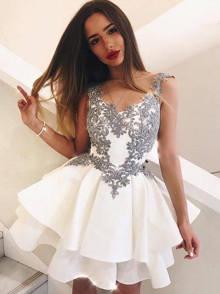 White Homecoming Dresses,Grey Lace Appliques Tiered Short Prom Dresses Homecoming Dress