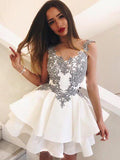 White Homecoming Dresses,Grey Lace Appliques Tiered Short Prom Dresses Homecoming Dress