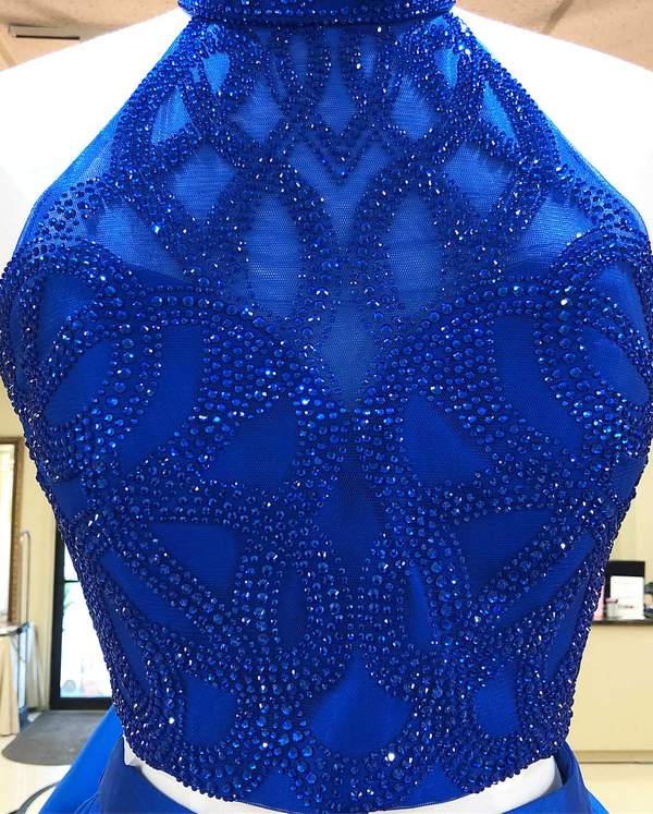 Two Piece Royal Blue Halter Backless Beaded Short Prom Dress Homecoming Dresses For Party