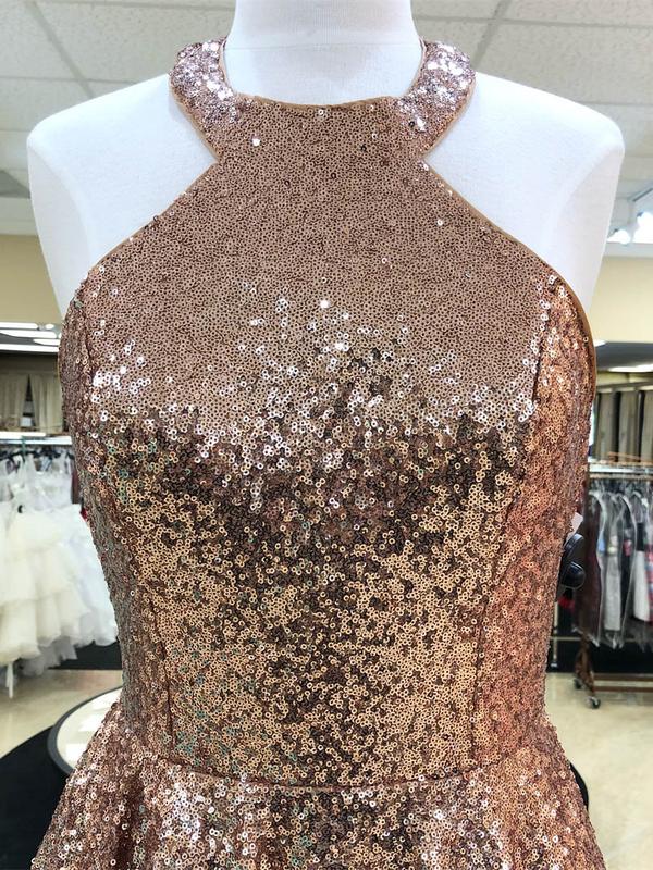 Shiny Rose Gold Sequin Halter Open Back Homecoming Dresses Short Prom Graduation Dress