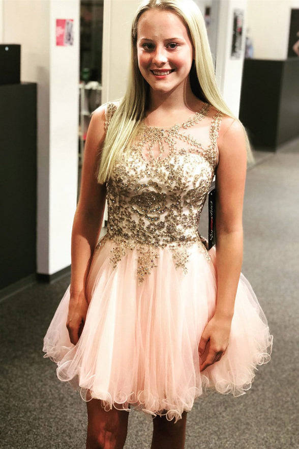 Charming Open Back Lace Appliques Pink Beaded Homecoming Dresses Short Prom Cute Dress
