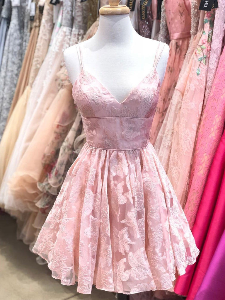 Spaghetti Straps Pink Lace V Neck Homecoming Dresses Short Prom Graduation Dress For Party