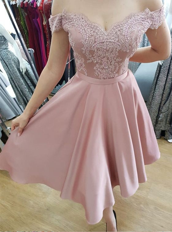 Off the Shoulder Lace Appliques Blush Pink Short Prom Dress Homecoming Dresses For Party