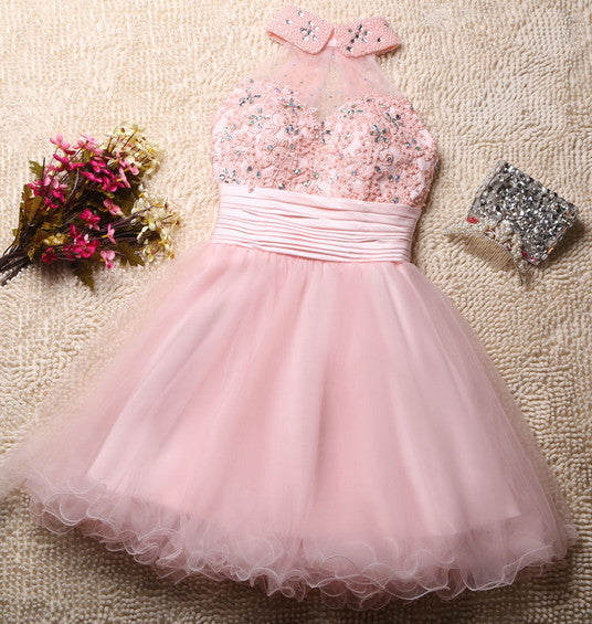 New Arrival High Neck Open Back Pink Homecoming Dresses Short Prom Graduation Dress