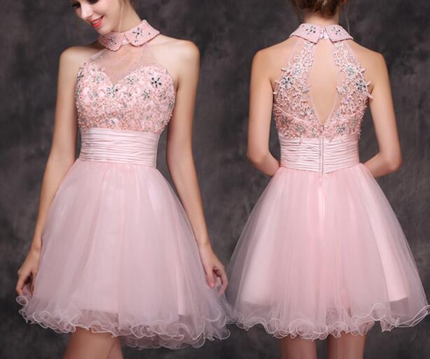 New Arrival High Neck Open Back Pink Homecoming Dresses Short Prom Graduation Dress